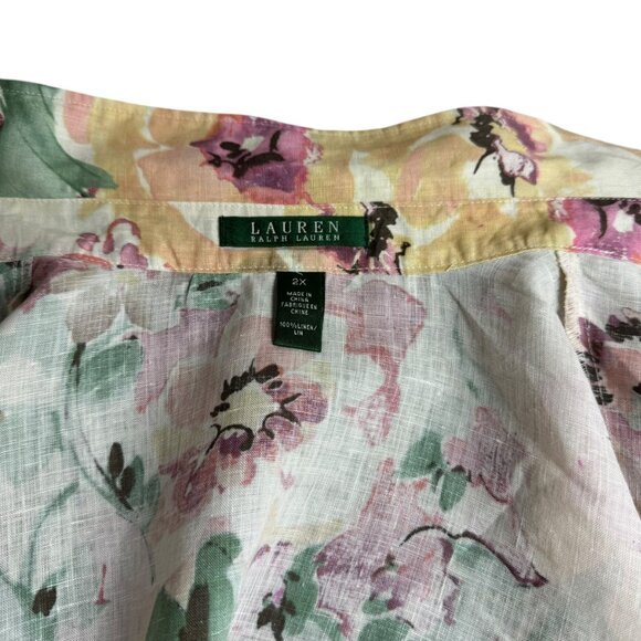 Ralph Lauren 100% Linen Floral Button-Up Blouse 2X Pastel Watercolor Print - Picture 6 of 6